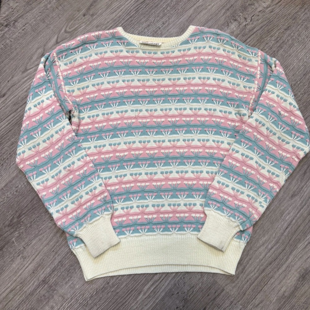 Country‎ Suburbans Vintage Pastel Knit Floral Sweater Pink Blue Cream Womens L